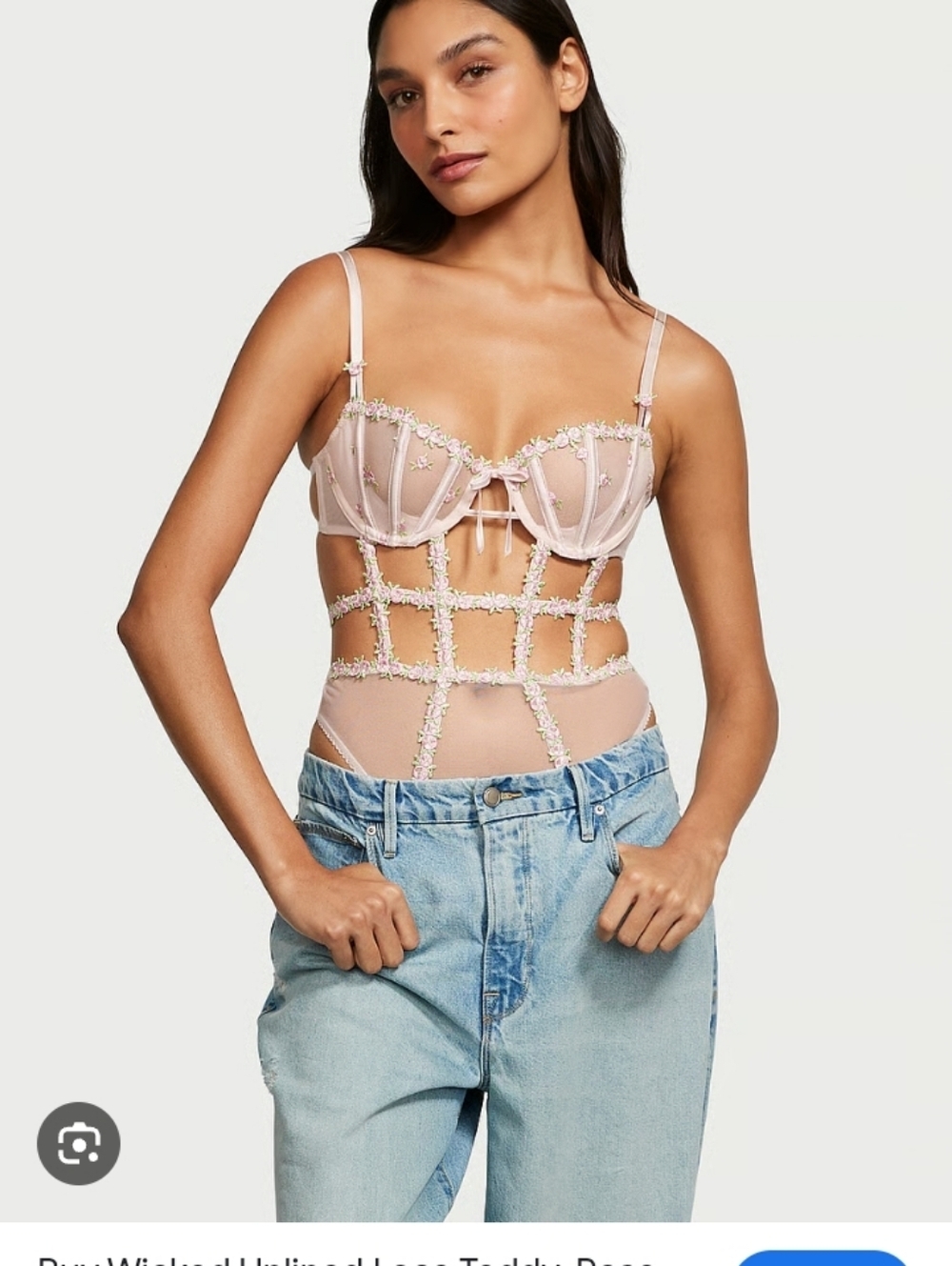 Sheer Floral Trim Lace Bodysuit in Blush Pink Medium